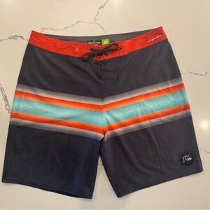 Quiksilver Men’s Charcoal Gray, Orange & Aqua Striped Board Shorts